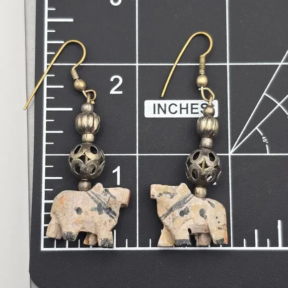 VTG Elephant Dangle Earrings 2.25" Carved Wood & Antique-Style Silver Beads - Picture 11 of 11